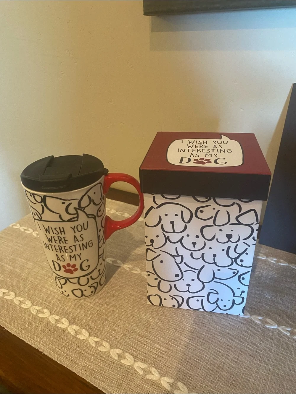 Travel Mug with Dog Design - Red Handle